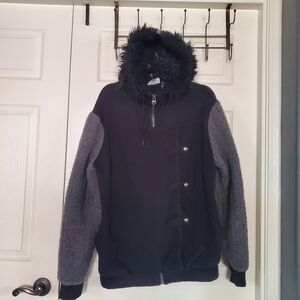 Game of Thrones Jon Snow Black Faux Fur Hoodie Sweatshirt Jacket Size XL Zip up